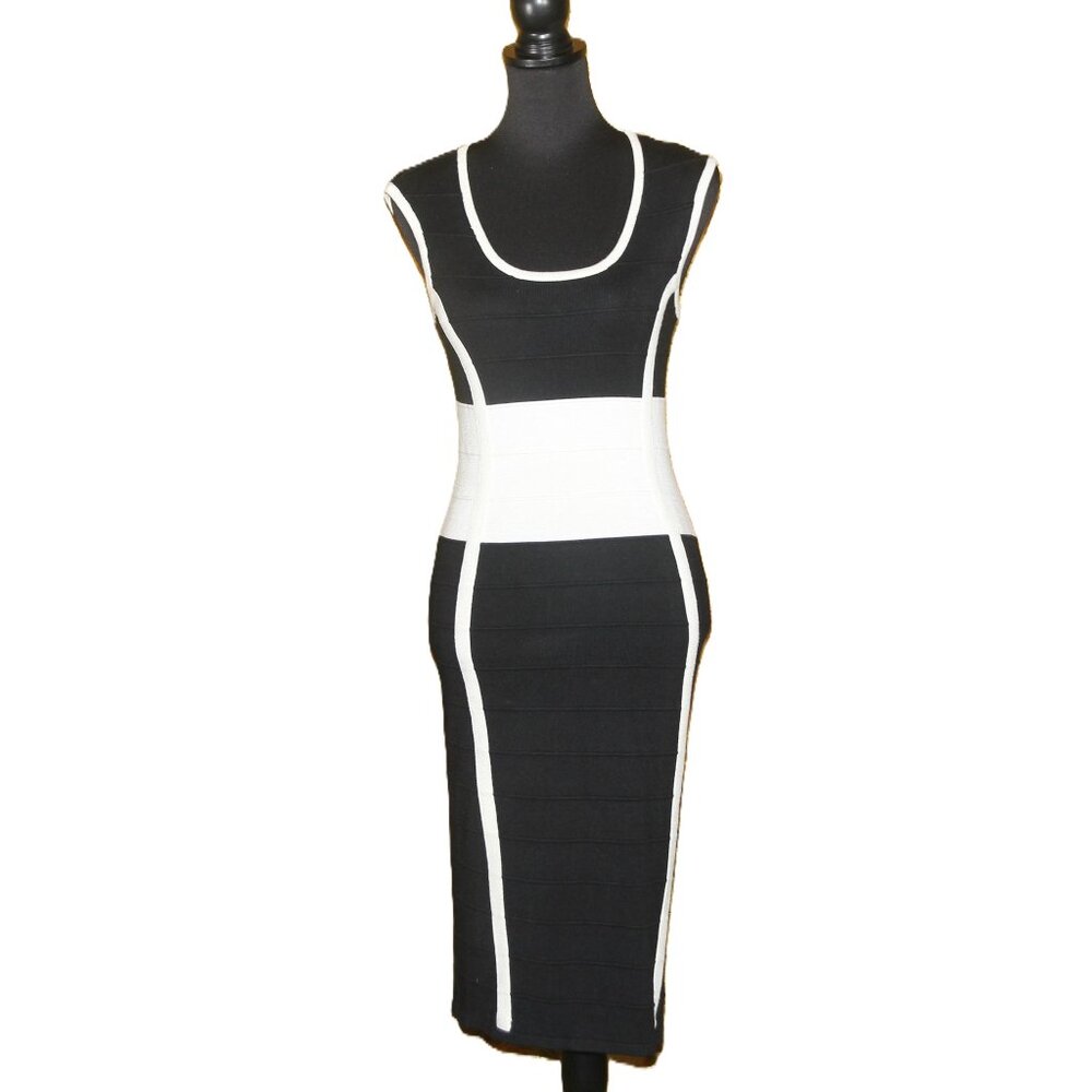 Banded Black and White Sheath Silhouette Dress by New York & Company Size XS